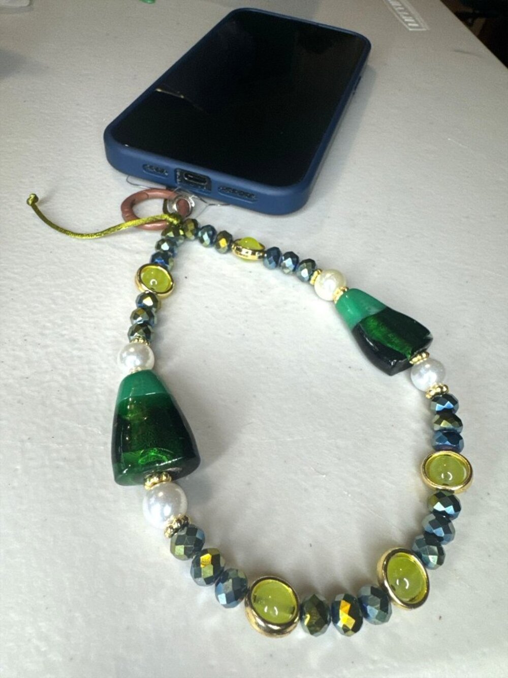 Beaded Green & Gold Wristlet for Phones includes Charm Strap with Glass & Pearl